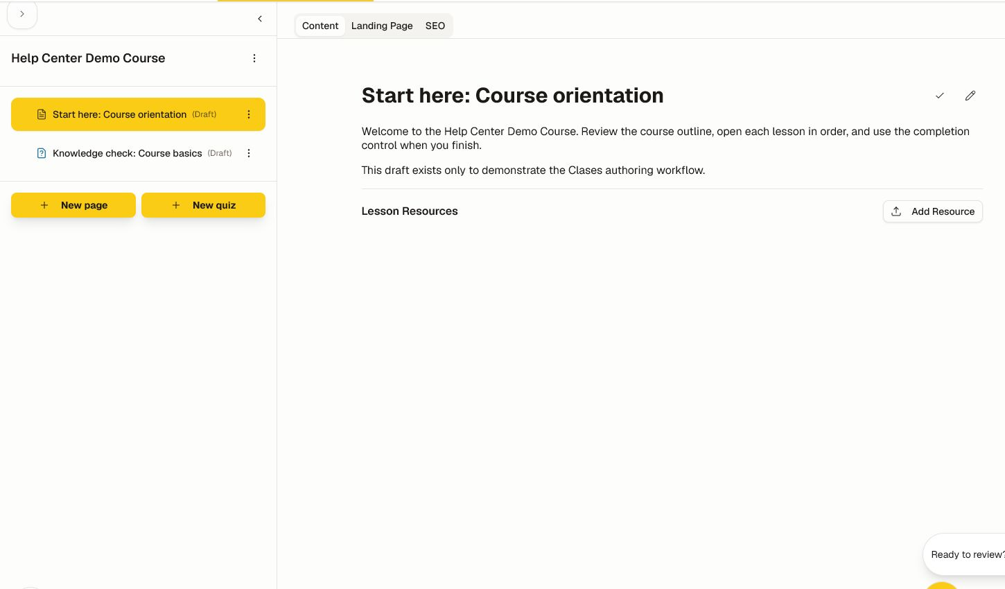 A draft lesson in the course editor with content, resources, New page, and New quiz controls.