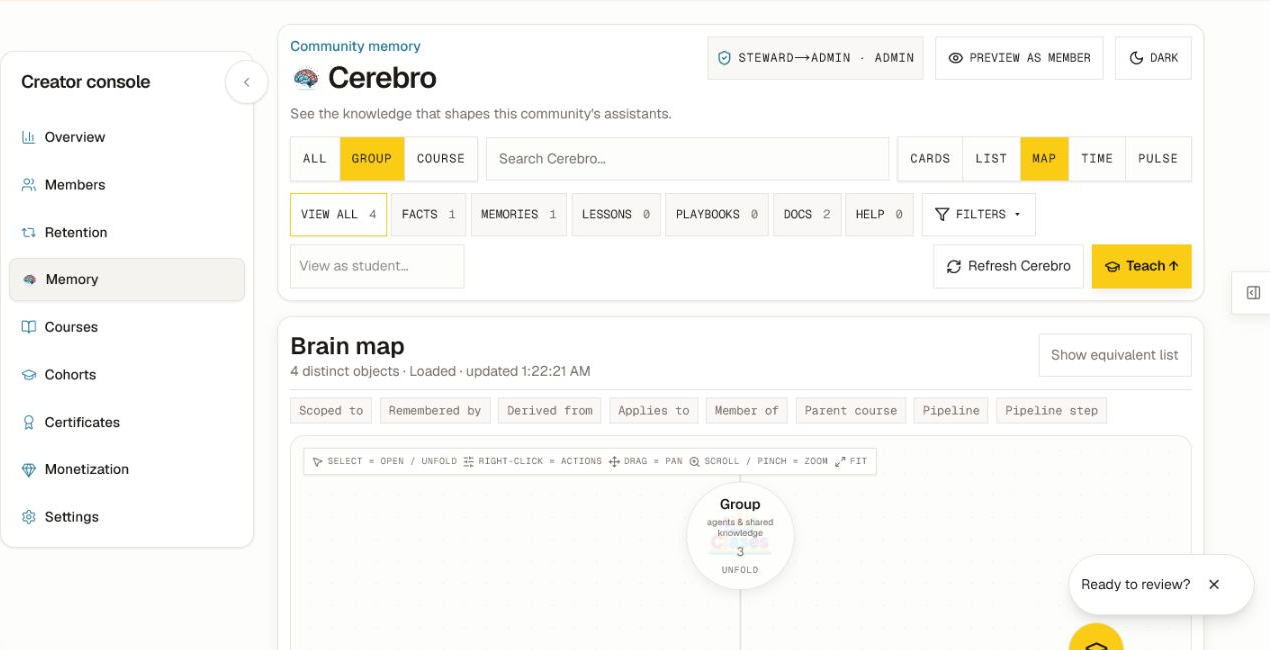 Use the scope and type filters before teaching or changing a memory object. The Cerebro community-memory console with scope lenses, knowledge types, view modes, teaching controls, and a loaded brain map.
