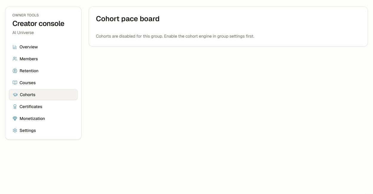 The cohort workspace empty state shown when the cohort engine is not enabled.