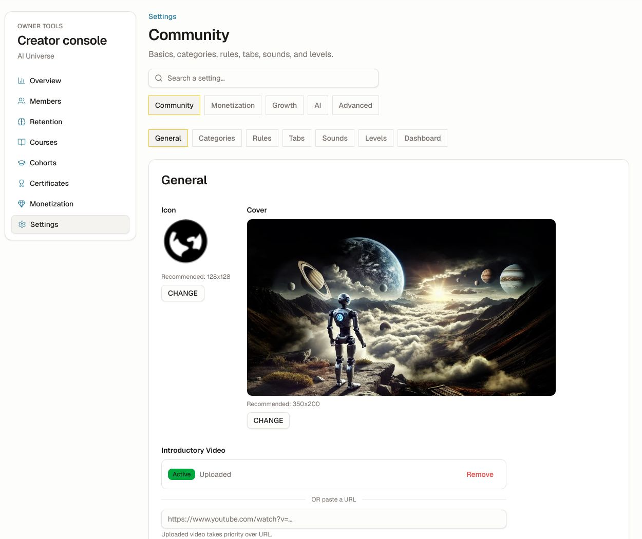 Community General settings for identity, video, language, URL, appearance, privacy, and support.