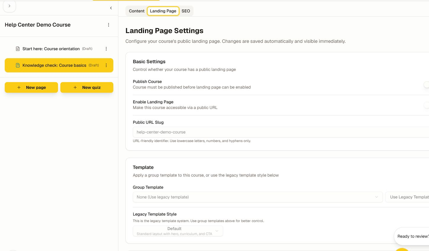 Landing Page settings with publish, public URL, template, and section visibility controls.
