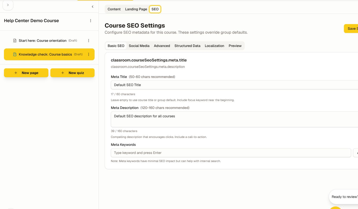Course SEO settings with title, description, keyword, and preview tabs.