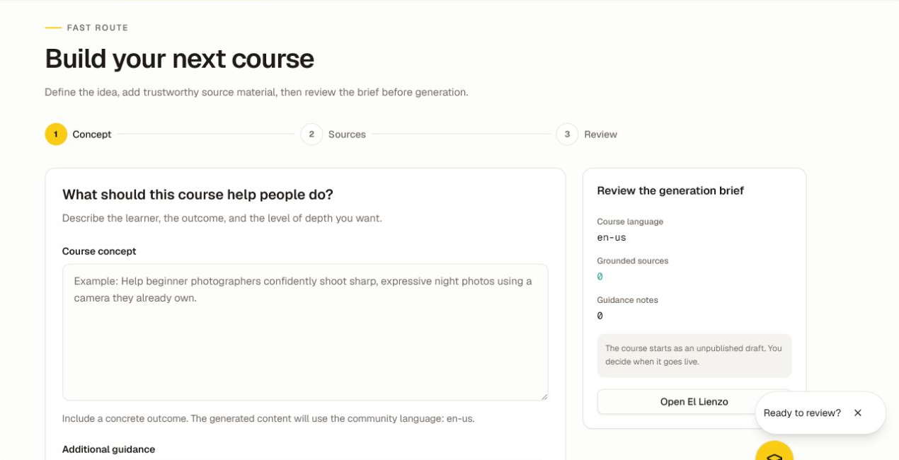 State a concrete learner outcome before adding sources and reserving generation credits. The Course Studio concept step with the three-step workflow and an unpublished-draft review panel.