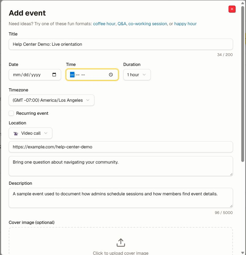 The Add event dialog with title, date, time, duration, time zone, recurrence, location, agenda, and description.