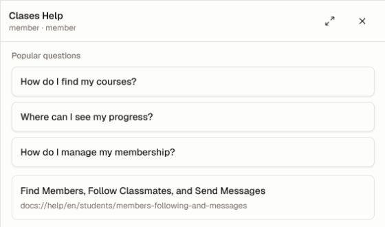The in-product Help panel in a separate member view, showing localized popular questions and a contextual documentation result.