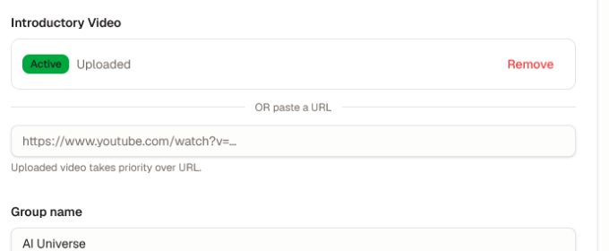Introductory video controls with uploaded status and a URL alternative.