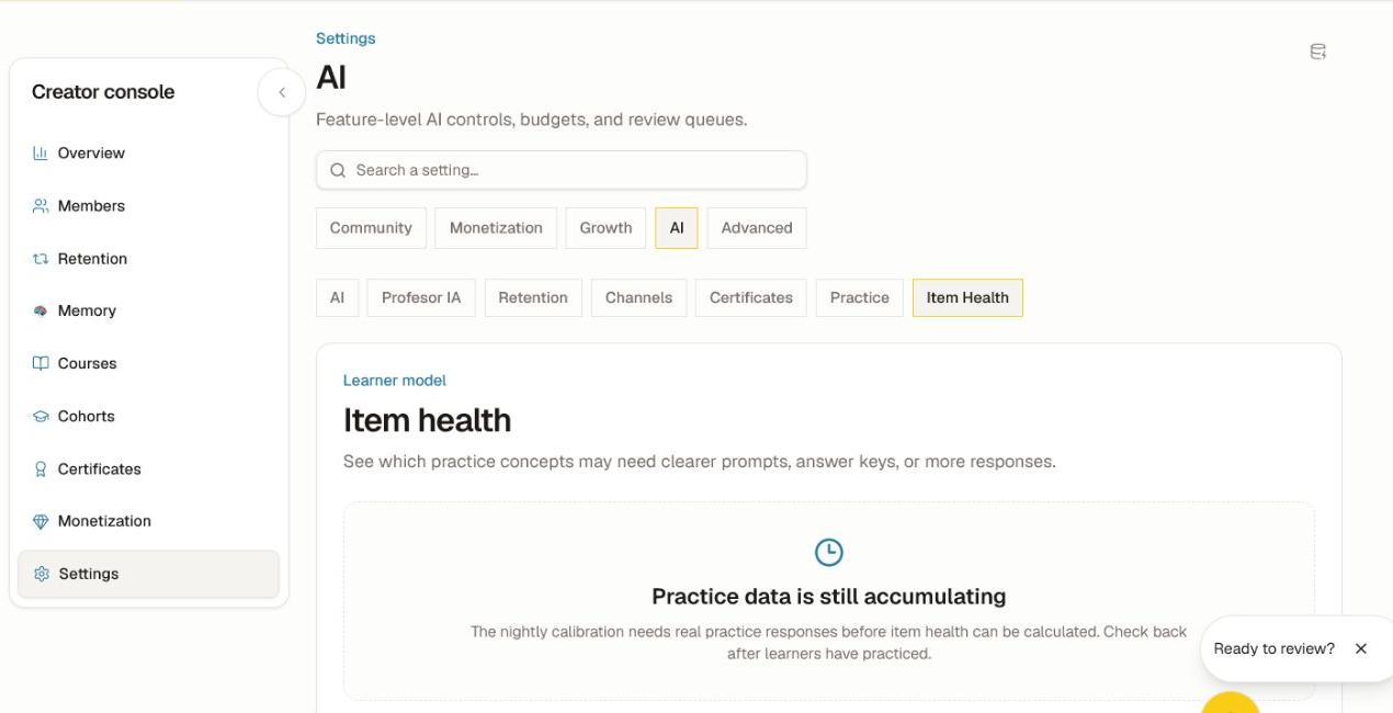 The Item Health empty state explaining that nightly calibration needs real practice responses.