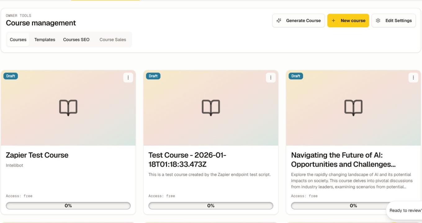 Course management with Generate Course, New course, settings, and draft course cards.
