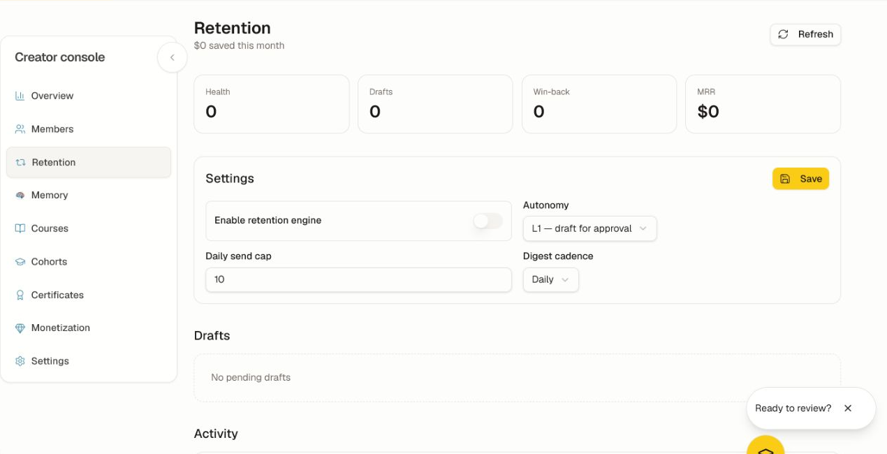 The Retention workspace with health, drafts, win-back, MRR, autonomy, caps, and cadence.