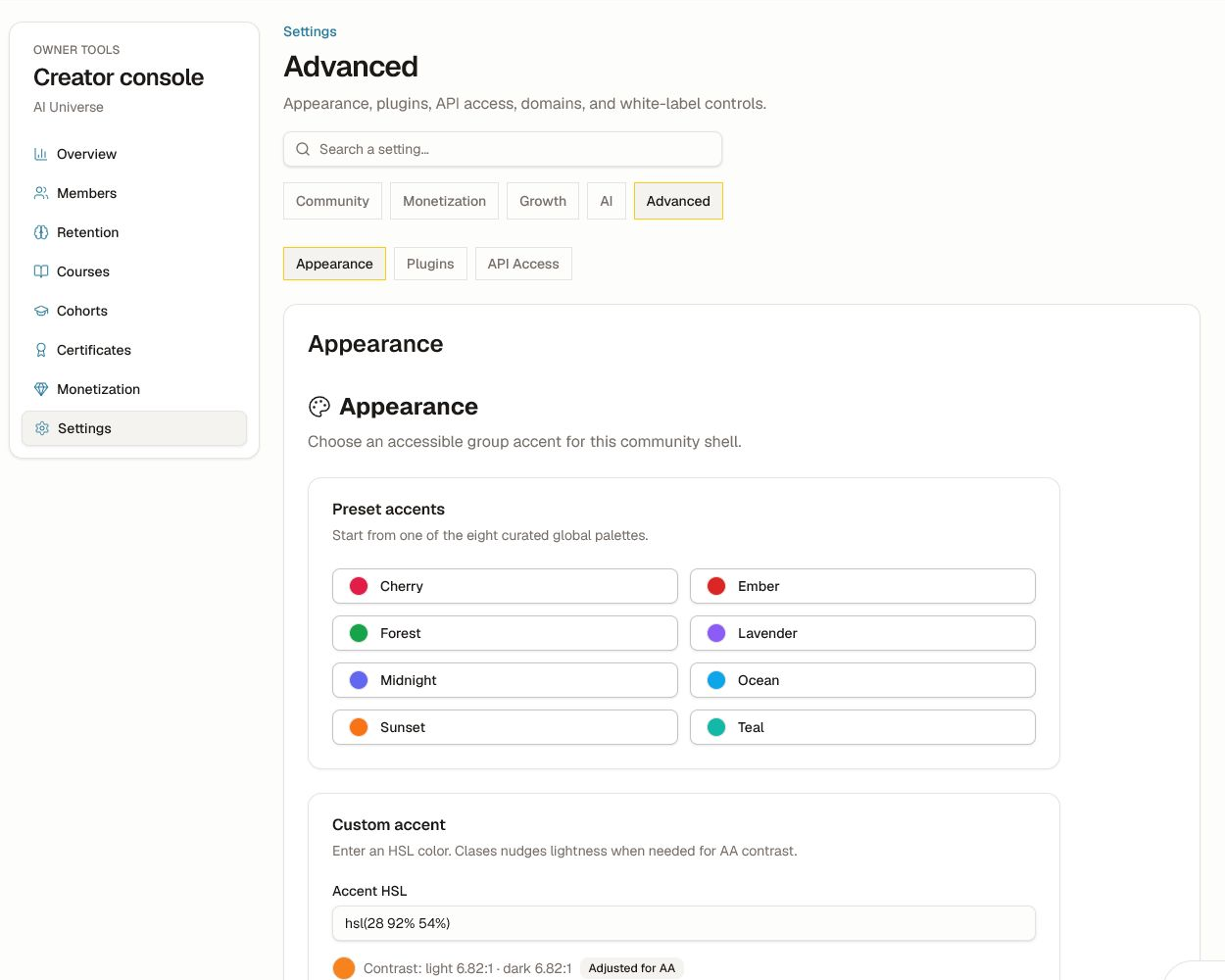 Advanced Appearance settings with curated accents and contrast feedback.