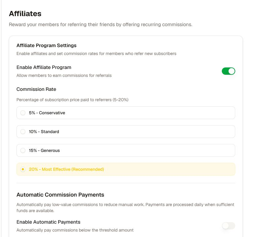 Focused Affiliate settings with program enablement, commission choices, and automatic-payment controls.