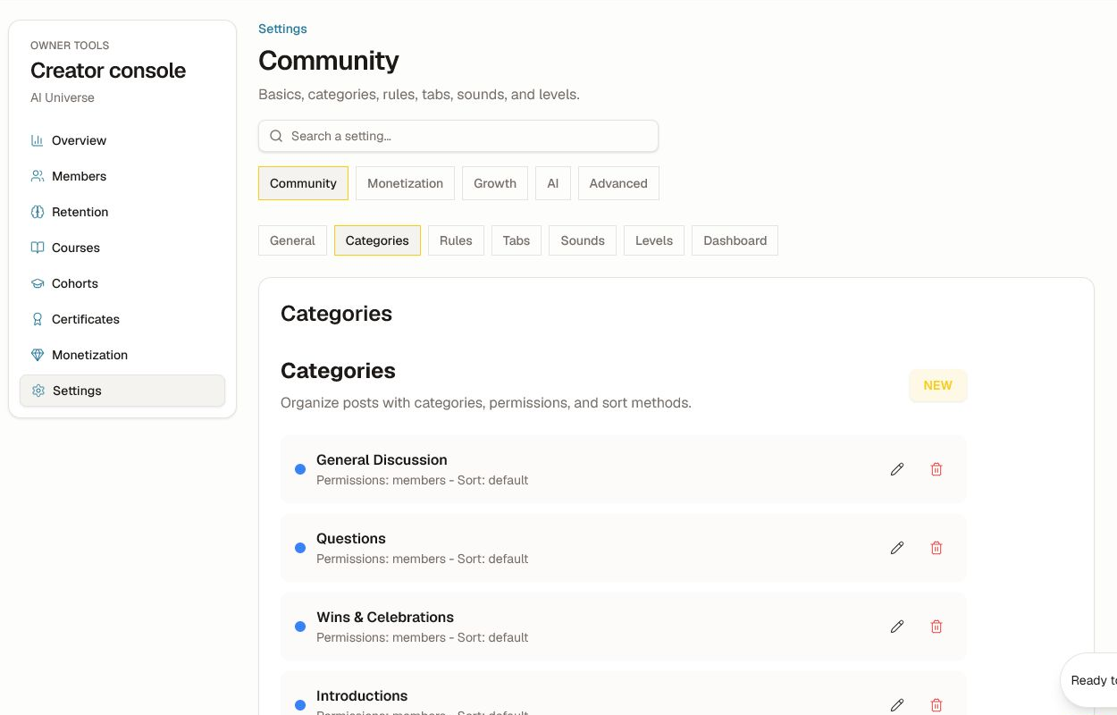 Category settings with permissions, sort method, edit, delete, and New controls.