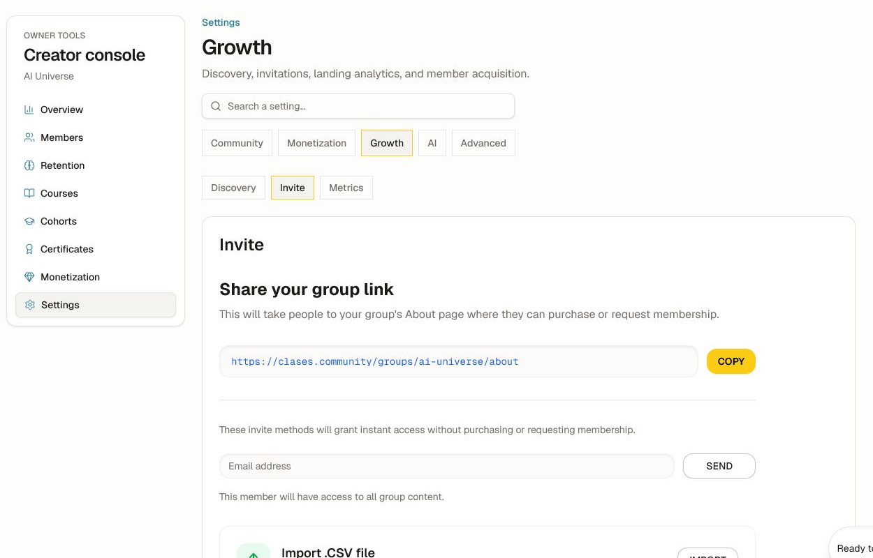The Invite settings with share link, single-email invitation, and CSV import.