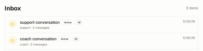 The unified Inbox with two generic AI conversations, status badges, message counts, and latest-activity dates.