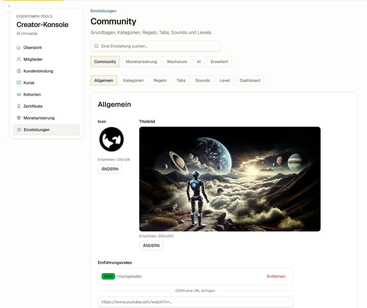 Community‑Allgemeine Einstellungen für Identität, Video, Sprache, URL, Erscheinungsbild, Datenschutz und Support.