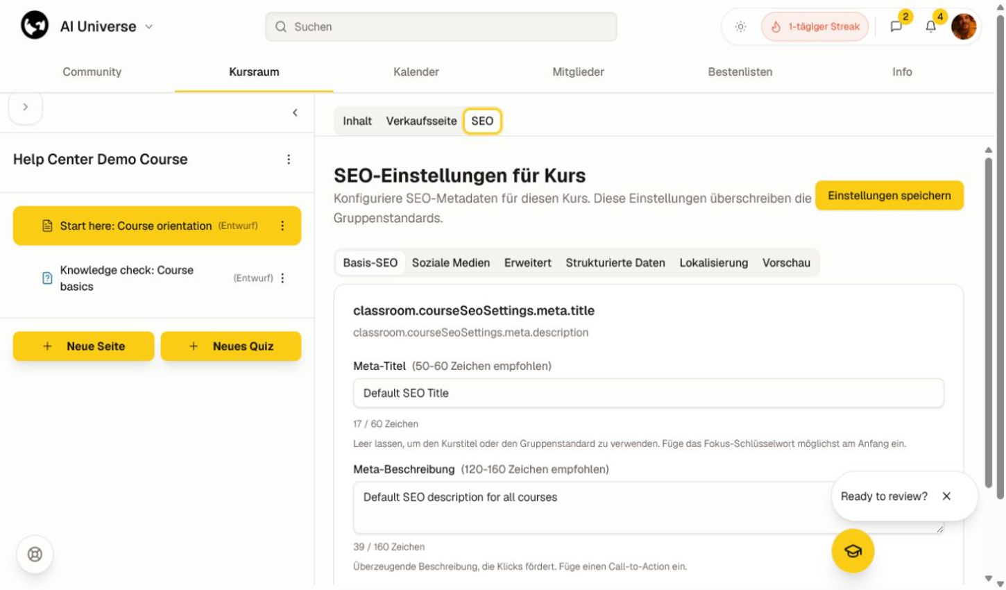 SEO‑Einstellungen des Kurses mit Tabs für Titel, Beschreibung, Keywords und Vorschau.