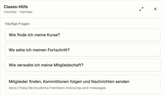 Das Hilfe-Panel im Produkt in einer separaten Mitgliederansicht mit lokalisierten beliebten Fragen und einem kontextbezogenen Dokumentationsergebnis.