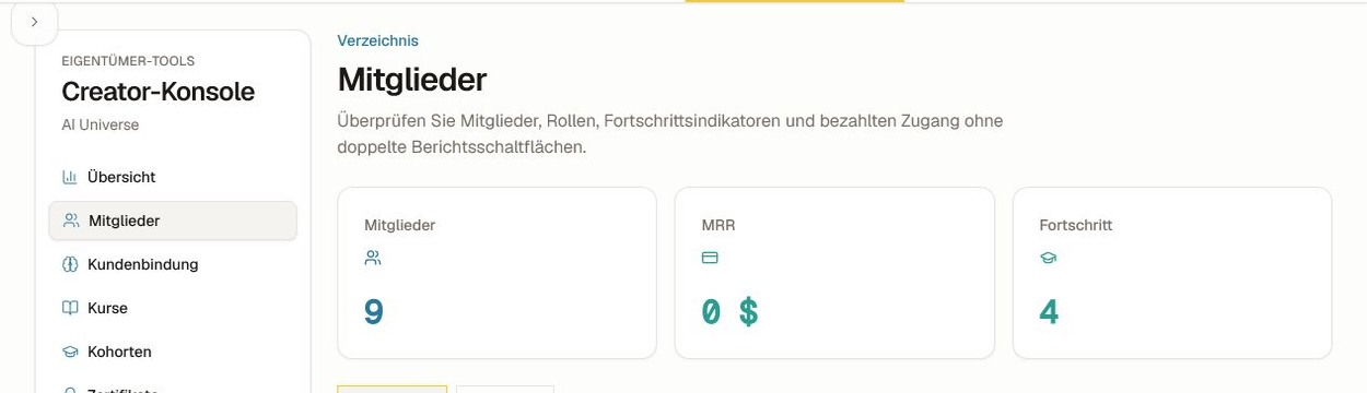 Die Übersichtsseite des Mitgliederberichts mit Reitern für Mitglieder, MRR, Fortschritt und Bericht.