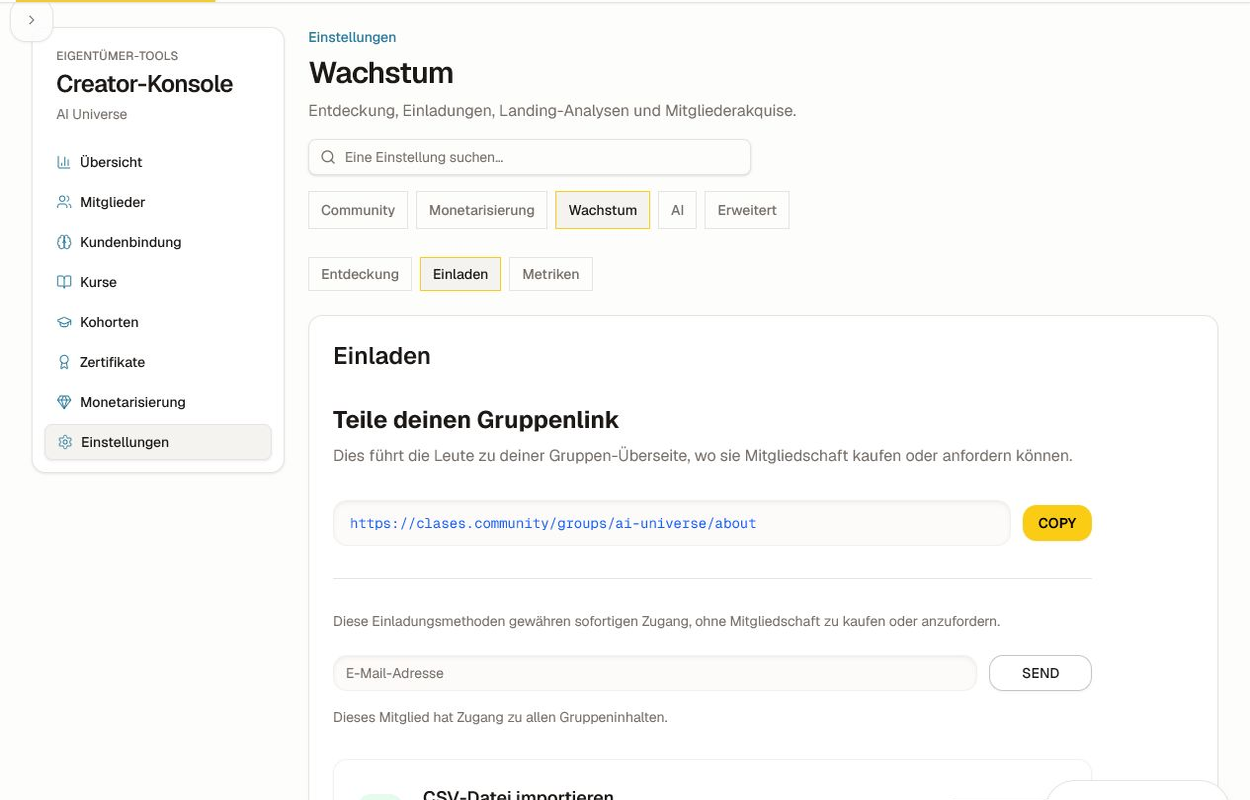 Die Einladungs-Einstellungen mit Share‑Link, Einzel‑E‑Mail‑Einladung und CSV‑Import.