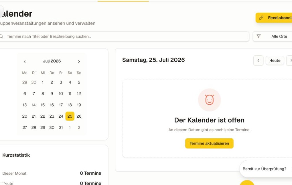 Der aktuelle Community‑Kalender mit Suche, Ortsfiltern, Monatsnavigation und der Abonnement‑Aktion.