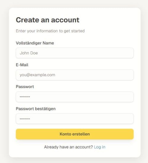 Das aktuelle Formular zur Kontoerstellung mit Name-, E-Mail-, Passwort-, Bestätigungsfeldern und der Schaltfläche "Konto erstellen".