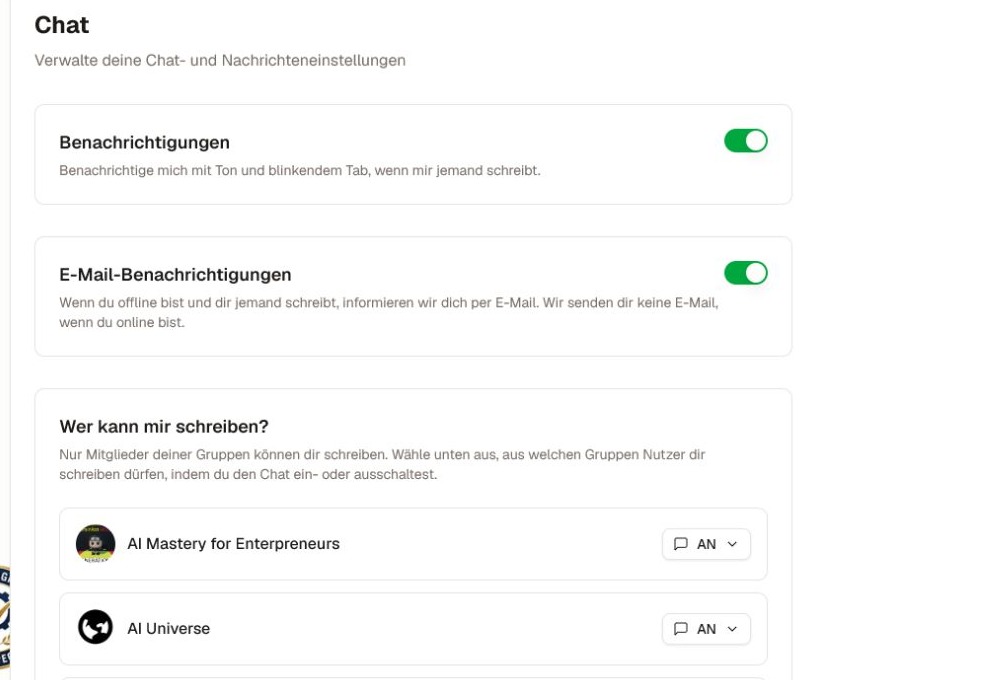 Der aktuelle Bereich 'Benachrichtigungen' auf dem Tab 'Chat', der Nachrichtenbenachrichtigungen, Offline‑E‑Mails, Messaging‑Zugriffe und blockierte Nutzer zeigt.