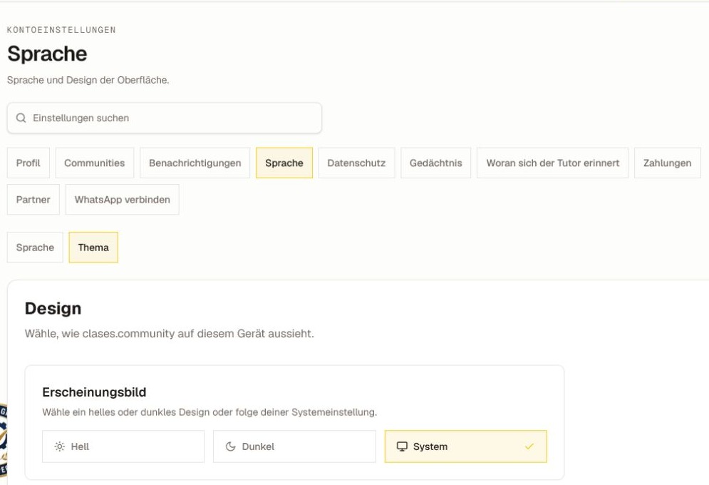 Der aktuelle Bereich 'Sprache' mit dem Tab 'Design' und den Optionen Hell, Dunkel und System.