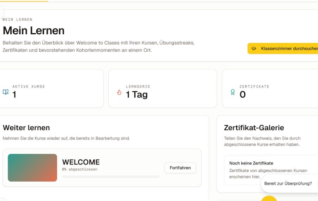 Das aktuelle Mein Lernen‑Dashboard mit aktiven Kursen, Streak, Anzahl der Zertifikate, Karte "Weiterlernen", Galerie und anstehenden Aufgaben.