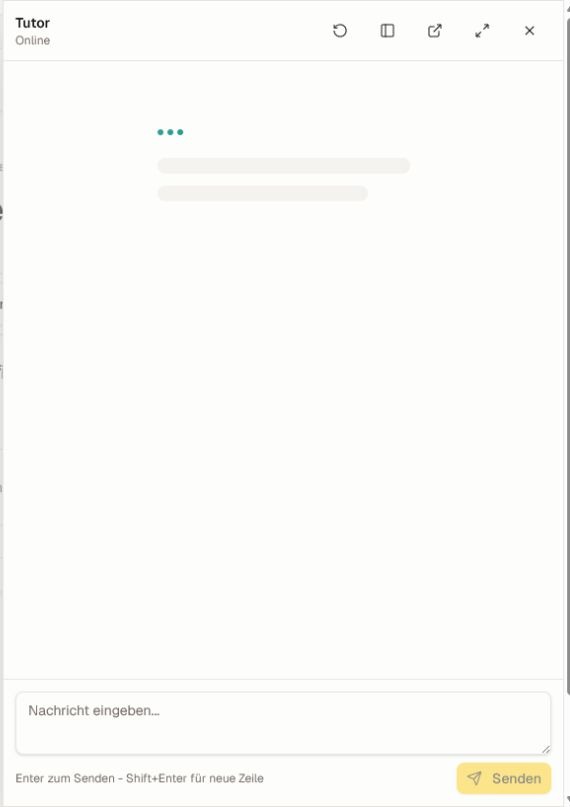 Der aktuelle Lektionstutor mit Layout‑Steuerelementen, vorgeschlagenen Fragen, Nachrichtenfeld und Senden‑Aktion.