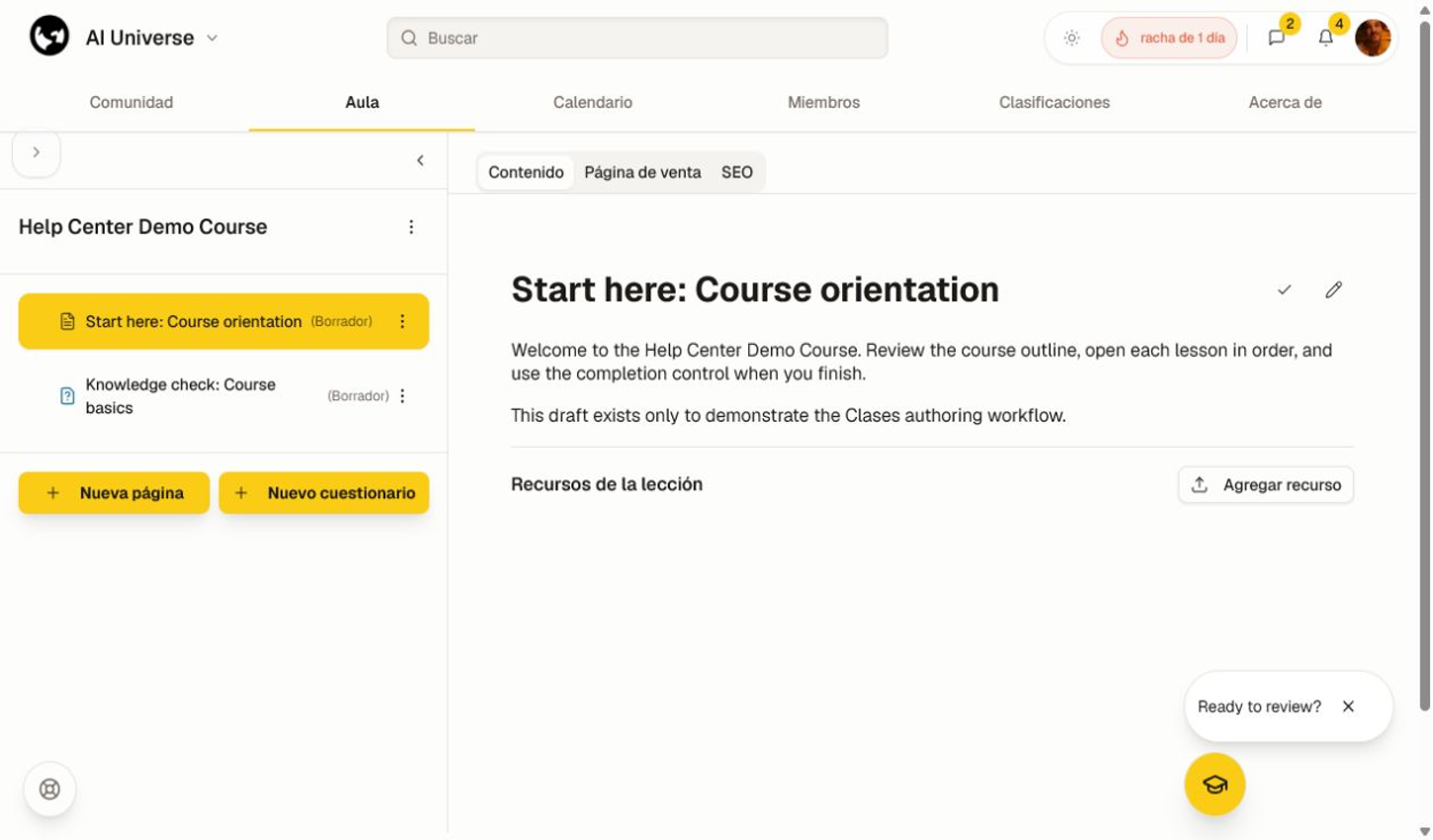 Una lección en borrador en el editor del curso con contenido, recursos y los controles Nueva página y Nuevo cuestionario.