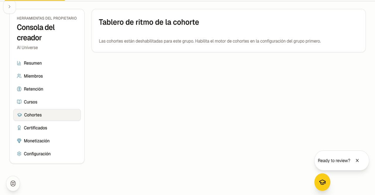Estado vacío del espacio de trabajo de cohortes que se muestra cuando el motor de cohortes no está habilitado.