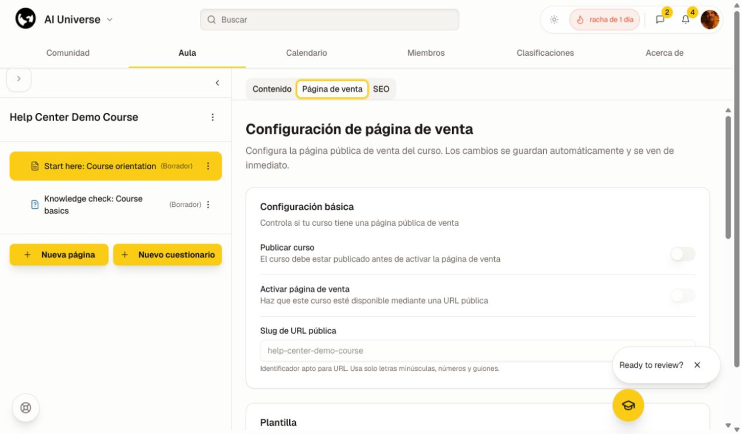 Configuración de la página de destino con controles para publicar, URL pública, plantilla y visibilidad de secciones.