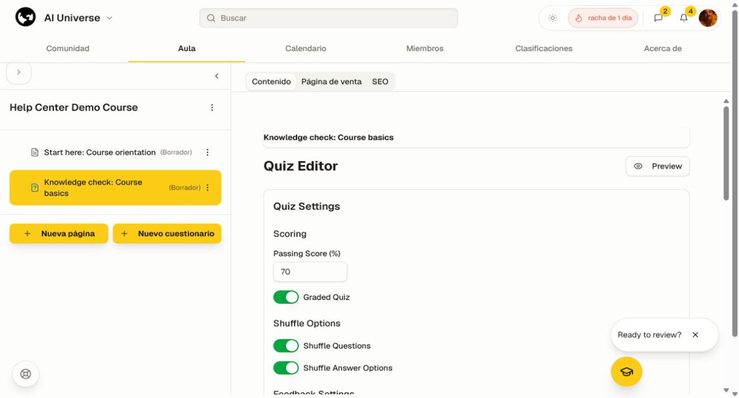 El editor de cuestionarios con una pregunta, opciones de respuesta y controles de guardado.