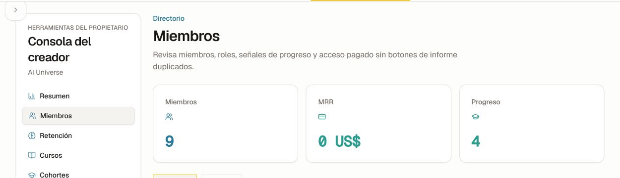 Resumen del informe de miembros del creador con las pestañas miembro, MRR, progreso e informe.