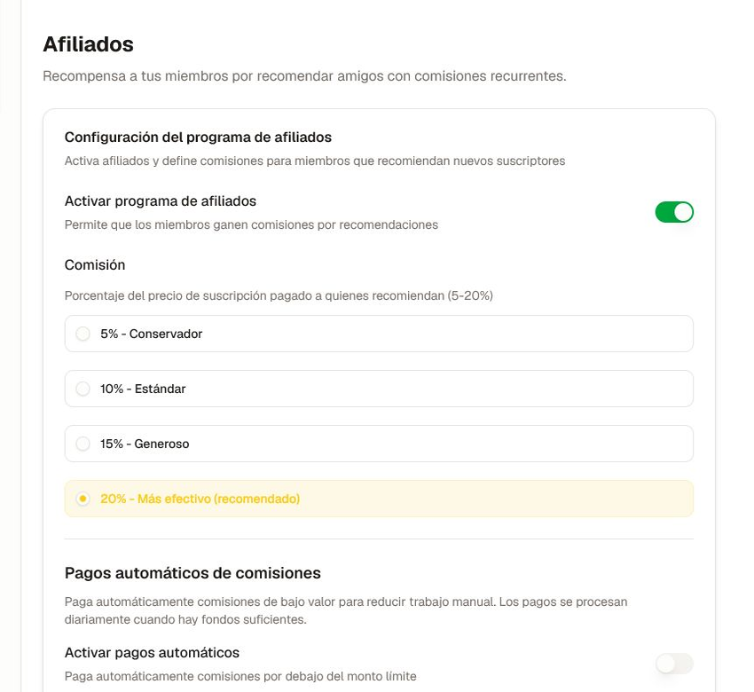 Configuración enfocada de Afiliados con activación del programa, opciones de comisión y controles de pagos automáticos.