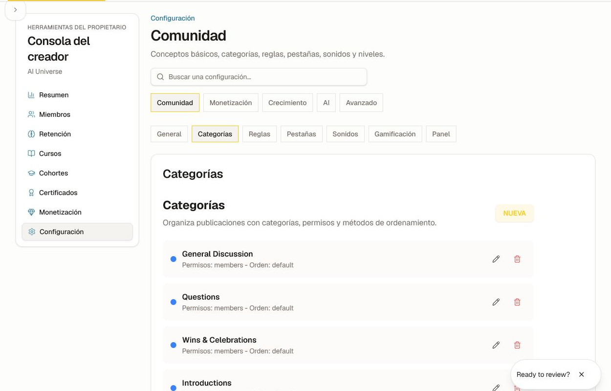 Configuración de categorías con permisos, método de ordenamiento, editar, eliminar y controles de Nuevo.