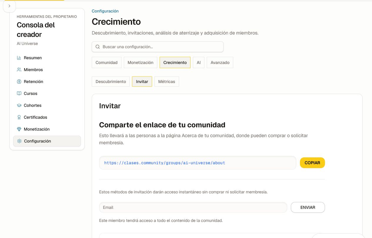 Resumen de la configuración de Invitaciones con enlace para compartir, invitación por correo individual y importación CSV.