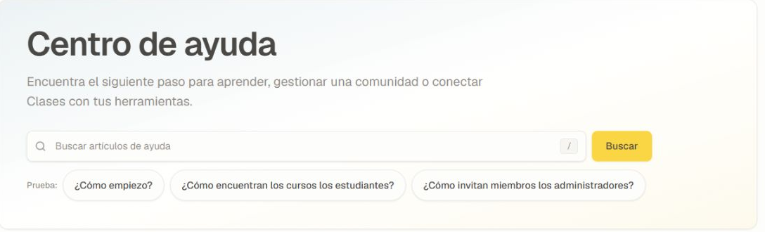 Vista general actual del Centro de ayuda con búsqueda y puntos de partida según el rol.