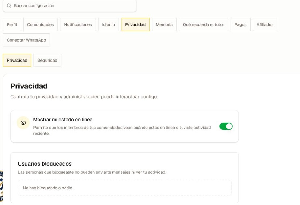 La pestaña Privacidad actual con controles de estado en línea y usuarios bloqueados.