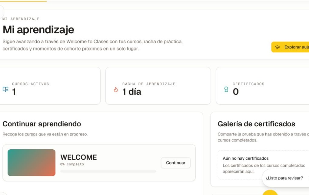 El panel actual de Mi aprendizaje con cursos activos, racha, conteo de certificados, tarjeta 'Continuar aprendizaje', galería y trabajo pendiente.