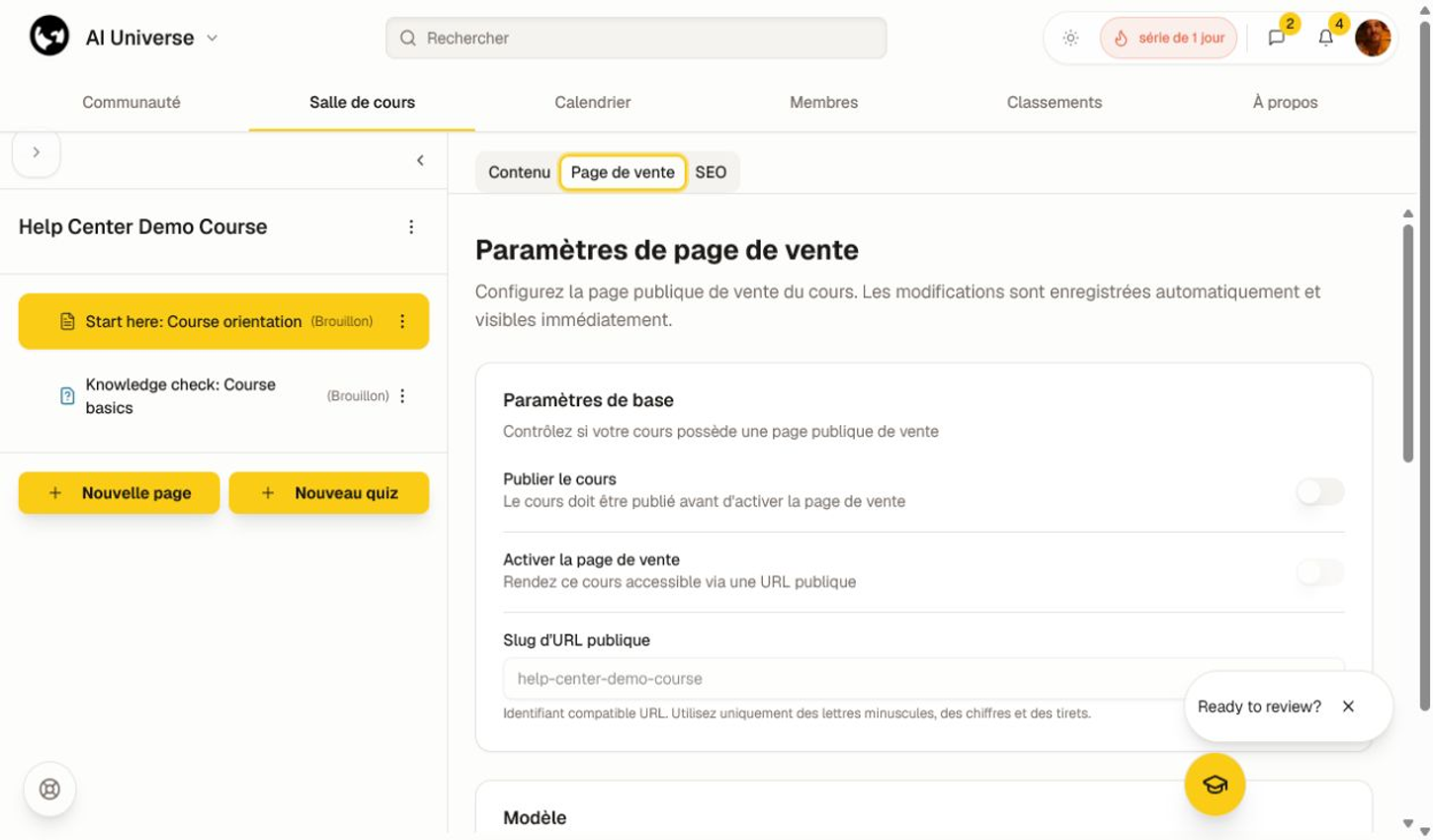 Paramètres de la page de destination avec contrôles de publication, URL publique, modèle et visibilité des sections.