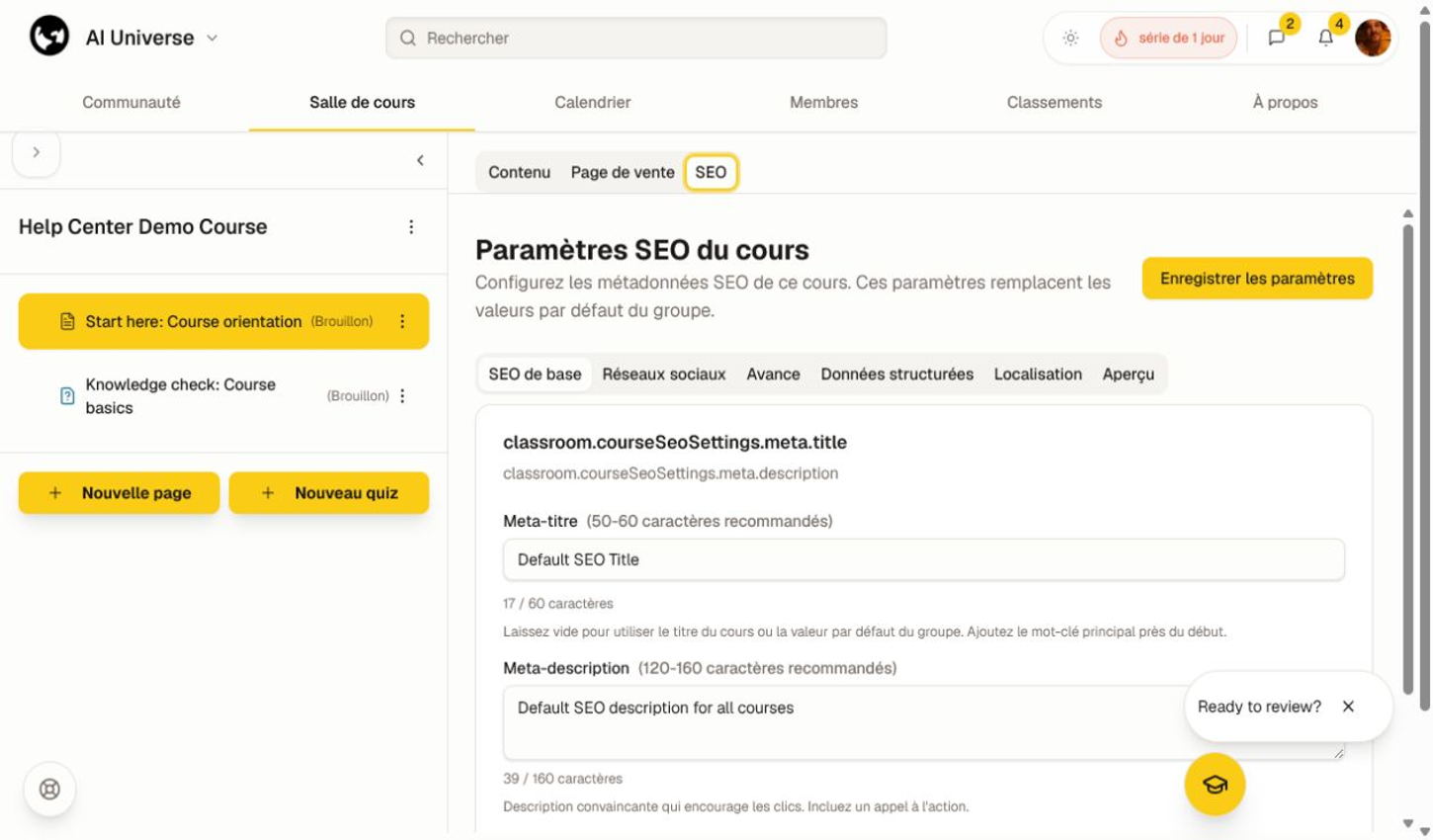 Paramètres SEO du cours avec onglets titre, description, mot-clé et aperçu.