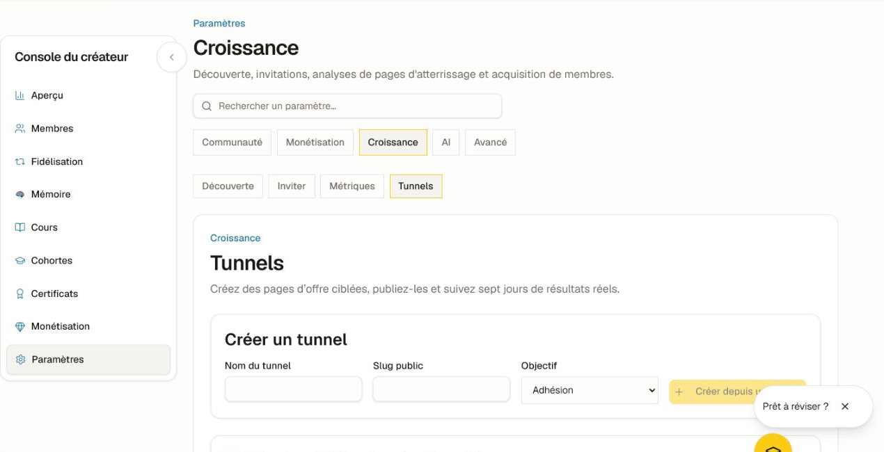 L'espace de travail des entonnoirs avec le formulaire de modèle manuel, le sélecteur d'objectif, la file de révision et la zone de résultats sur sept jours.