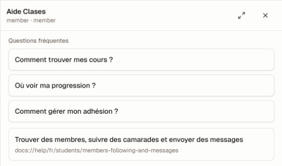 Le panneau d’aide intégré au produit dans une vue membre séparée, avec des questions populaires localisées et un résultat de documentation contextuel.