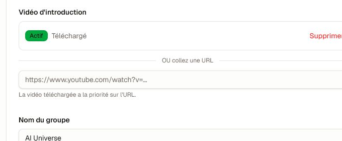Contrôles de la vidéo d'introduction avec statut téléversé et alternative par URL.