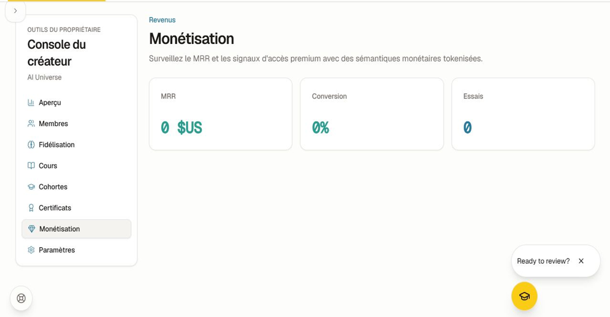 Utilise l'aperçu pour la surveillance et Paramètres pour la configuration. Aperçu de la monétisation du créateur avec revenus récurrents, conversion et signaux d'essai.