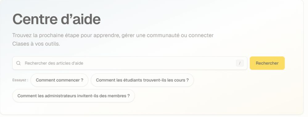 Vue actuelle du Centre d’aide avec la recherche et les points de départ selon le rôle.