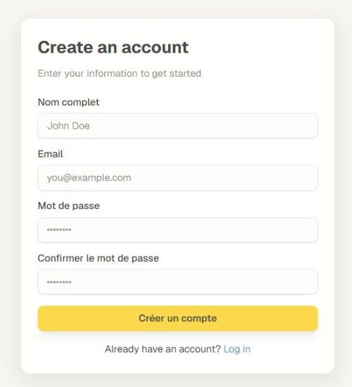 Formulaire actuel de création de compte montrant le nom, l'e-mail, le mot de passe, la confirmation et le bouton Créer un compte.