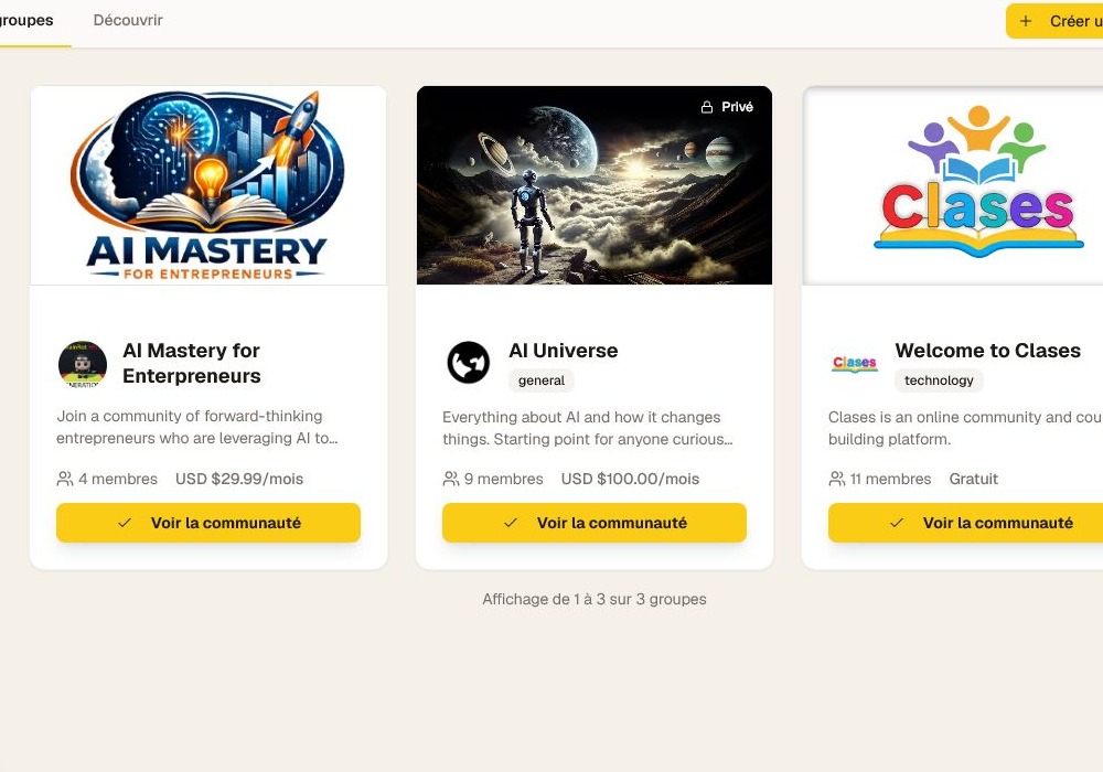 Le tableau de bord Mes groupes actuel avec des cartes d'adhésion et des actions Voir la communauté.