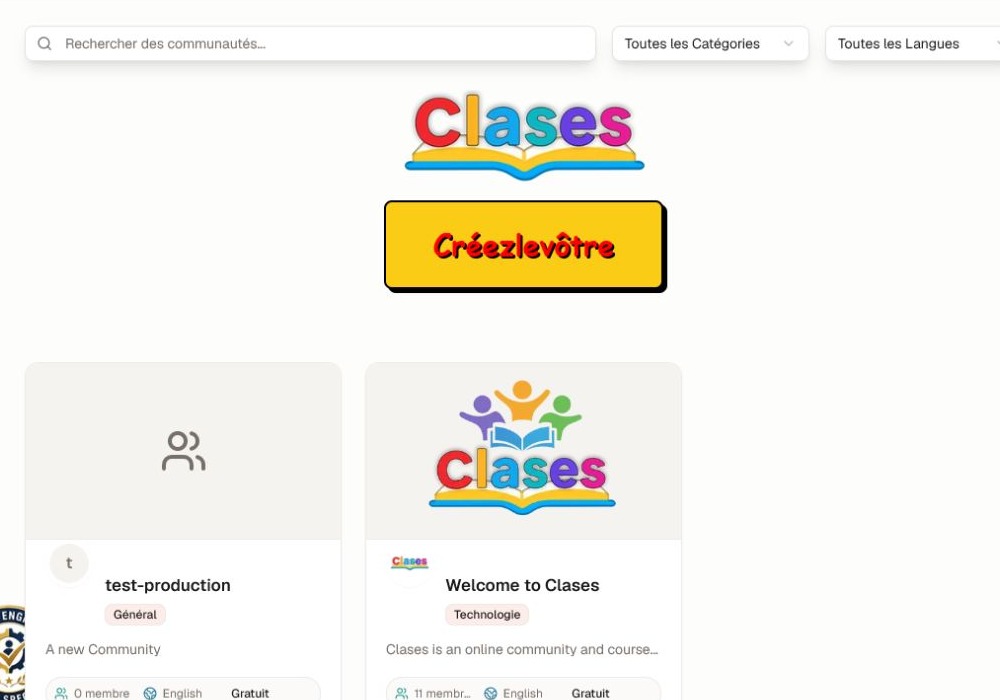 La page de découverte des communautés avec recherche, filtres Catégorie et Langue.